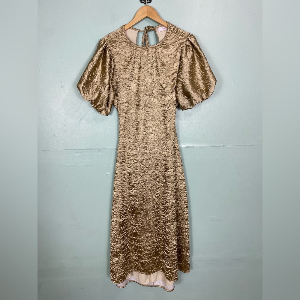 Lisa Says Gah‎ Gwen Metallic Champagne Color Dress Midi Cut Out Open Back Large - Picture 3 of 12
